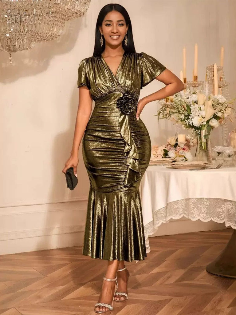 Retro Stage Metallic Gold Ruched Mermaid Dress | V-Neck Bodycon | Ruffle Detail Cocktail Party Dress Retro Stage Metallic Gold Ruched Mermaid Dress | V-Neck Bodycon | Ruffle Detail Cocktail Party Dress