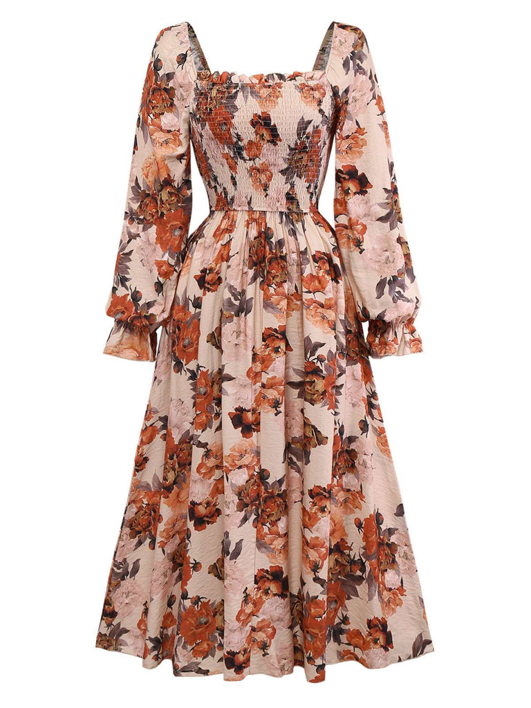 Multicolor 1930s Floral Smocked Cinched Sleeve Dress - vintage dress, retro fashion