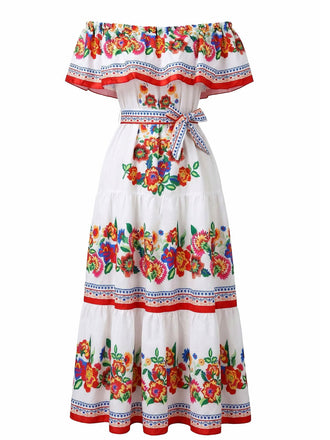 Multicolor 1930s Off-Shoulder Floral Boho Maxi Dress with Belt - vintage dress, retro fashion