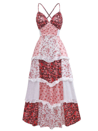 Multicolor 1930s Quilt Floral Print Ruffled Strap Dress - vintage dress, retro fashion