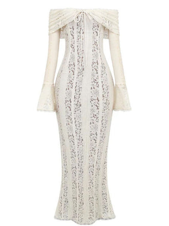 1930s Off-Shoulder Lace Flare Sleeve Maxi Mermaid Dress - vintage dress, retro fashion