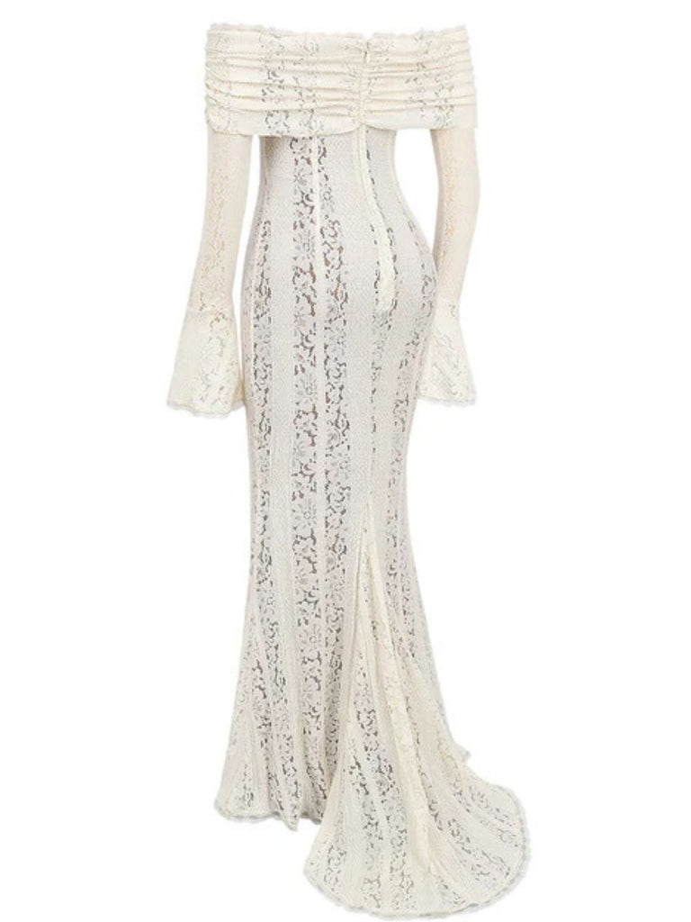 1930s Off-Shoulder Lace Flare Sleeve Maxi Mermaid Dress - vintage dress, retro fashion