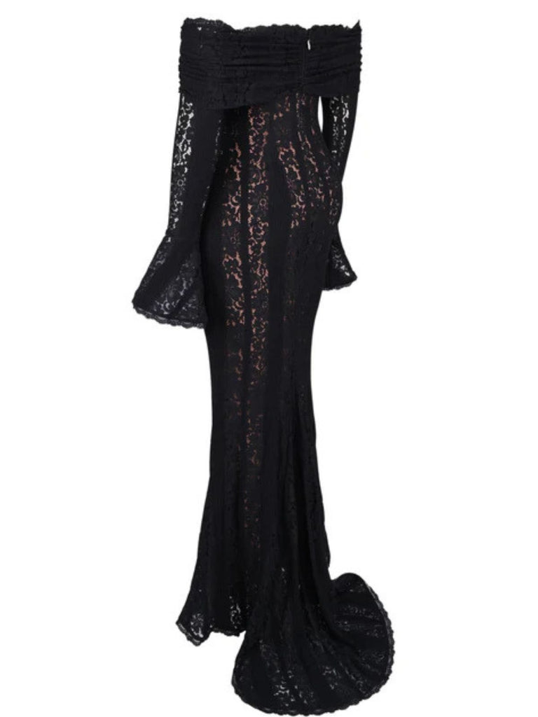 1930s Off-Shoulder Lace Flare Sleeve Maxi Mermaid Dress - vintage dress, retro fashion
