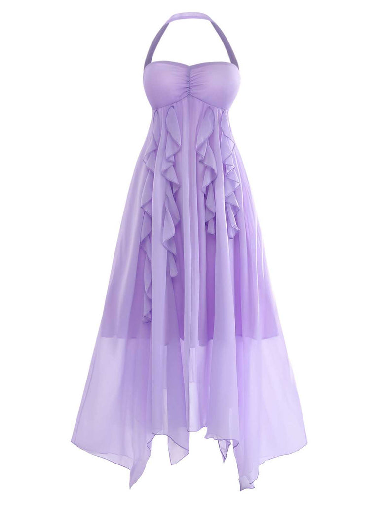 Purple 1930s Halter Ruffle Chiffon Backless Maxi Dress