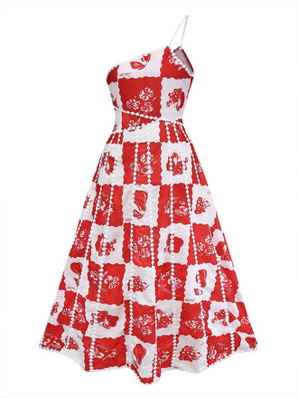 Red 1930s Plaid Floral & Fruit Print Spaghetti Strap Dress - vintage dress, retro fashion, elegant red