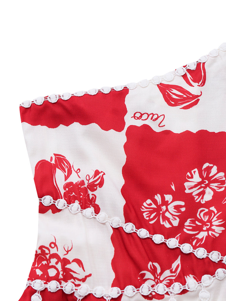 Red 1930s Plaid Floral & Fruit Print Spaghetti Strap Dress - vintage dress, retro fashion, elegant red