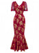 Red 1930s V-Neck Gold Foil Floral Mermaid Sheer Dress - vintage dress, retro fashion, elegant red