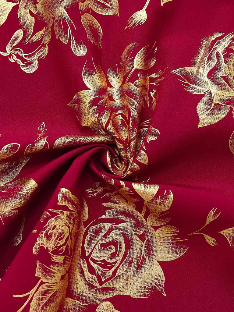 Red 1930s V-Neck Gold Foil Floral Mermaid Sheer Dress - vintage dress, retro fashion, elegant red