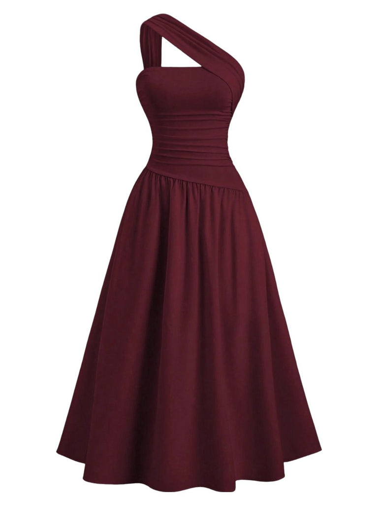 Burgundy One Shoulder Midi Dress