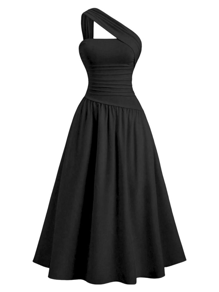1930s Solid Surplice One-Shoulder Waist Ruched Dress | Retro Stage 1930s Solid Surplice One-Shoulder Waist Ruched Dress | Retro Stage