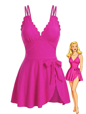 1930s Spaghetti Strap Bow Scalloped Edge Swim Dress - vintage dress, retro fashion