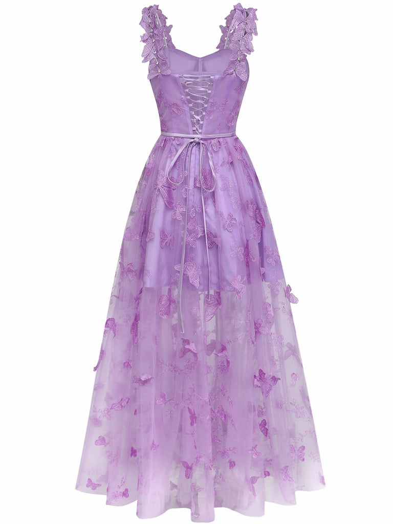 1930s Spaghetti Strap 3D Butterflies Mesh Maxi Dress - vintage dress, retro fashion