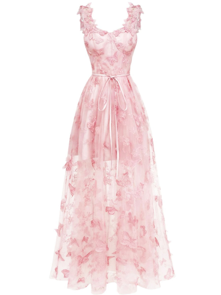 1930s Spaghetti Strap 3D Butterflies Mesh Maxi Dress - vintage dress, retro fashion