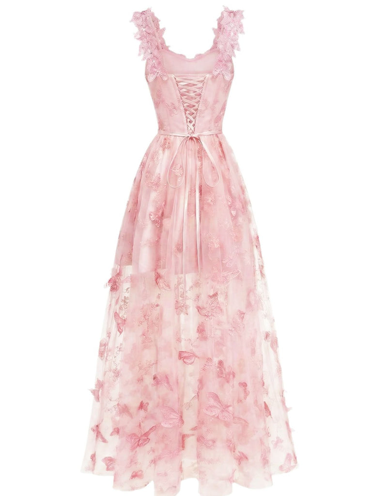 1930s Spaghetti Strap 3D Butterflies Mesh Maxi Dress - vintage dress, retro fashion
