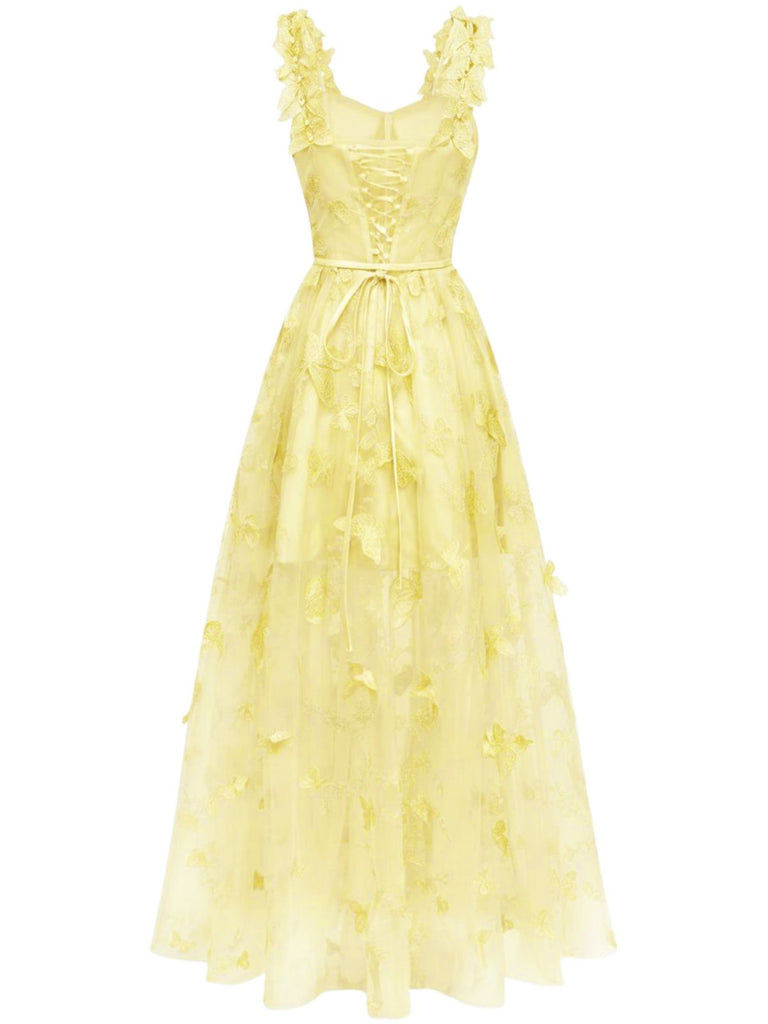 1930s Spaghetti Strap 3D Butterflies Mesh Maxi Dress - vintage dress, retro fashion