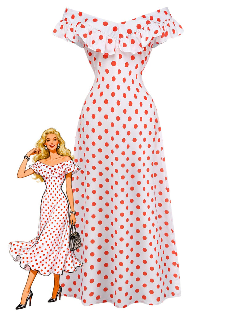 White 1930s Red Polka Dots Off-Shoulder Ruffle Maxi Dress
