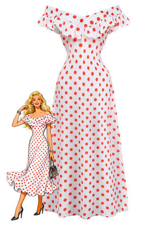 White 1930s Red Polka Dots Off-Shoulder Ruffle Maxi Dress - vintage dress, retro fashion, elegant red