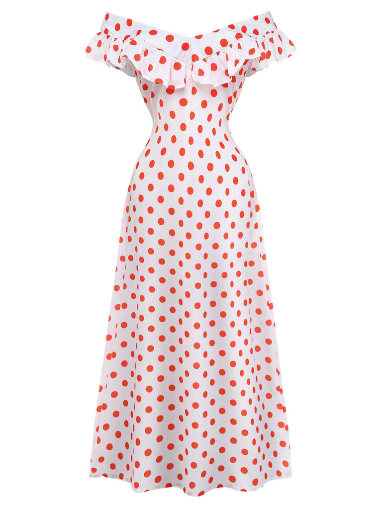 White 1930s Red Polka Dots Off-Shoulder Ruffle Maxi Dress - vintage dress, retro fashion, elegant red