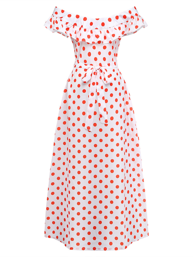 White 1930s Red Polka Dots Off-Shoulder Ruffle Maxi Dress - vintage dress, retro fashion, elegant red