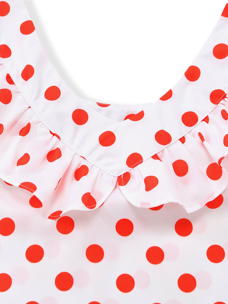 White 1930s Red Polka Dots Off-Shoulder Ruffle Maxi Dress - vintage dress, retro fashion, elegant red