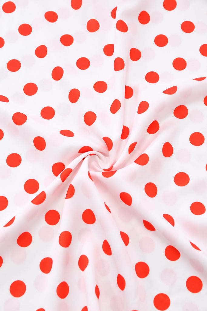 White 1930s Red Polka Dots Off-Shoulder Ruffle Maxi Dress - vintage dress, retro fashion, elegant red