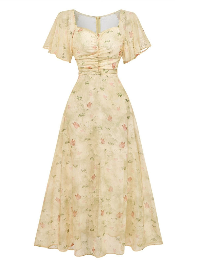 Retro Stage Butterfly Flutter Sleeve Chiffon Maxi Dress Vintage Dress 2026 Yellow