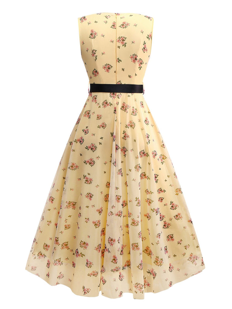 Yellow 1930s Ditsy Floral Mesh Sleeveless Ribbon Dress - vintage dress, retro fashion