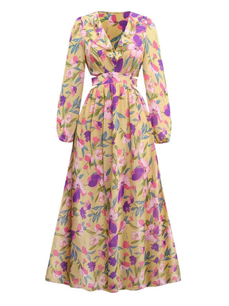 Yellow 1930s Floral Ruffled Deep V-Neck Cutout Dress - vintage dress, retro fashion