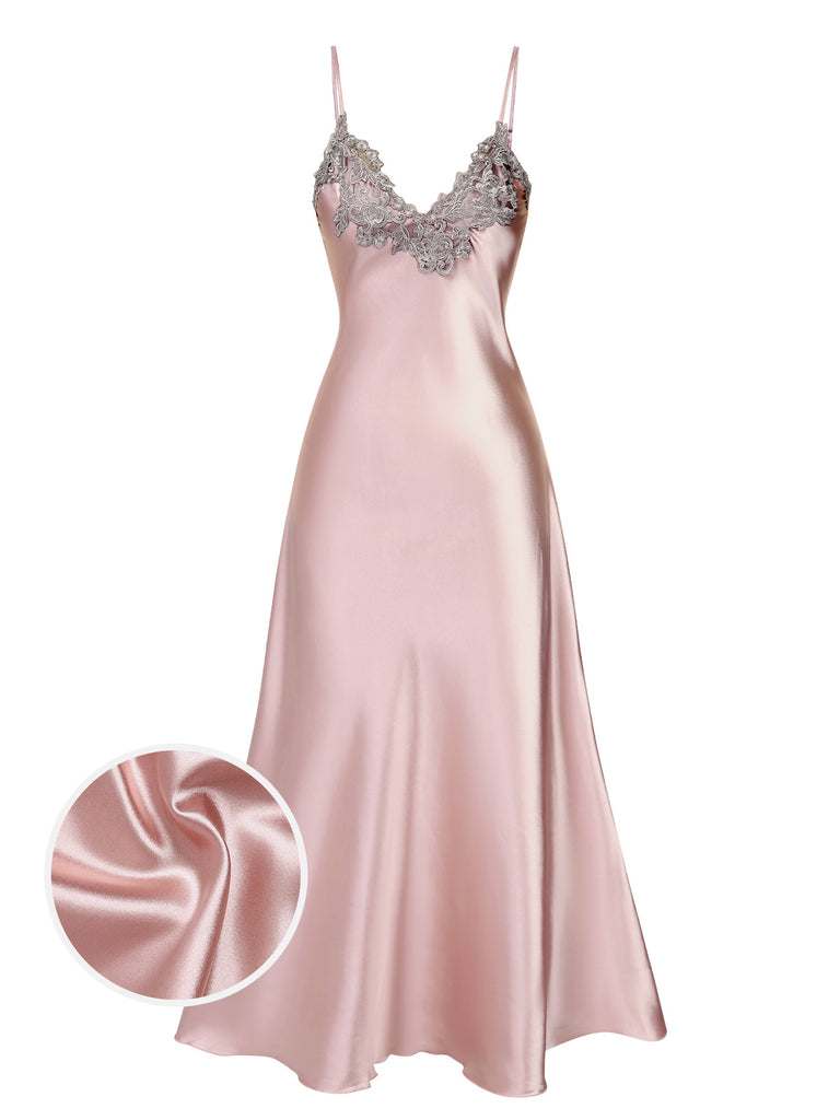 She slips into this 1930s Embroidered Faux Satin Strap Nightgown and suddenly it's a 1930s daydream