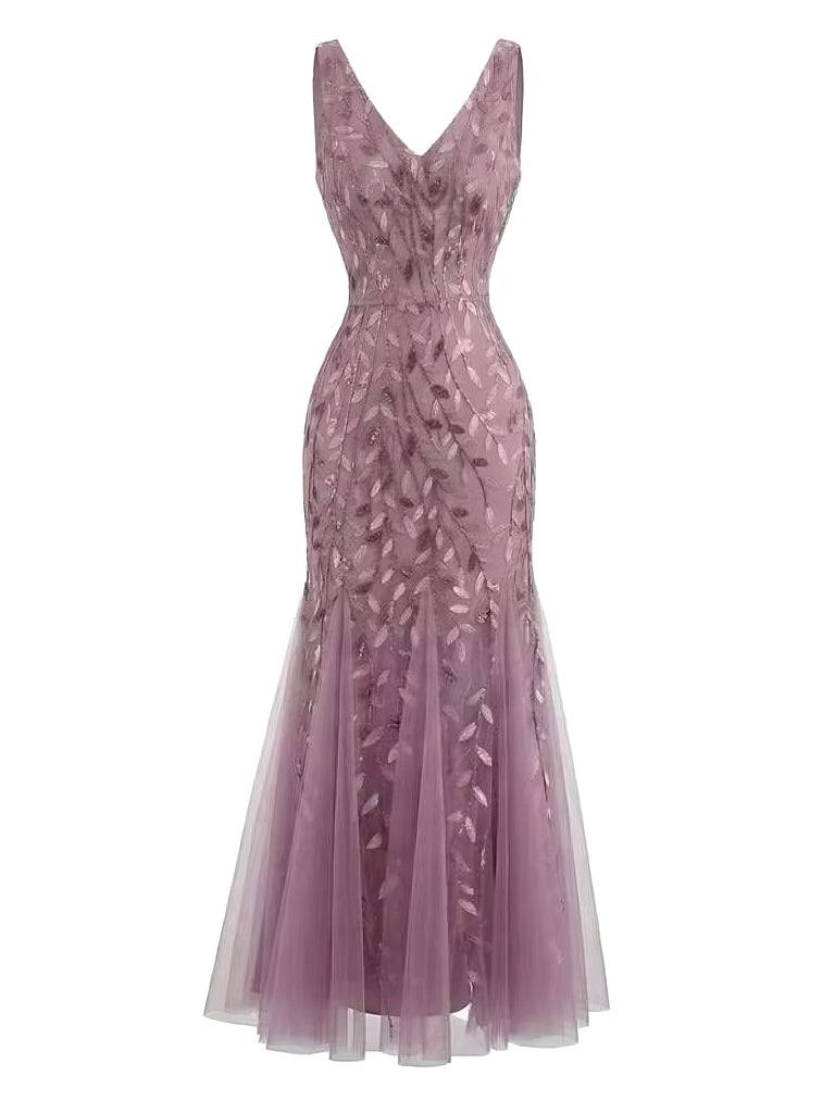 1930s Embroidery V-Neck Sleeveless Mesh Slim Dress - vintage dress, retro fashion for vintage lovers