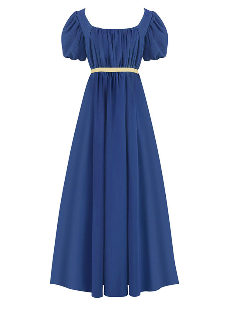 Dark Blue 1930s Empire Waist Puff Sleeves Contrast Belt Dress