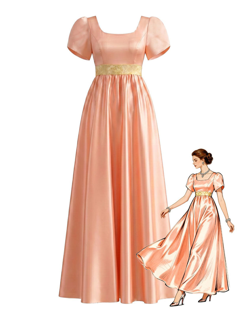 Regency Era Gown Empire Waist Dress Square Neck Satin Maxi Dress Champagne