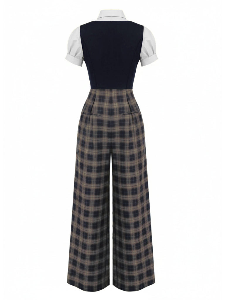 Brown 1930s Faux 3PCS Bow Plaid Jumpsuit, vintage romper, retro jumpsuit - perfect for women who love vintage and retro fashion