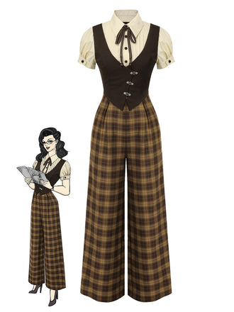 Brown 1930s Faux 3PCS Bow Plaid Jumpsuit, vintage romper, retro jumpsuit - perfect for women who love vintage and retro fashion