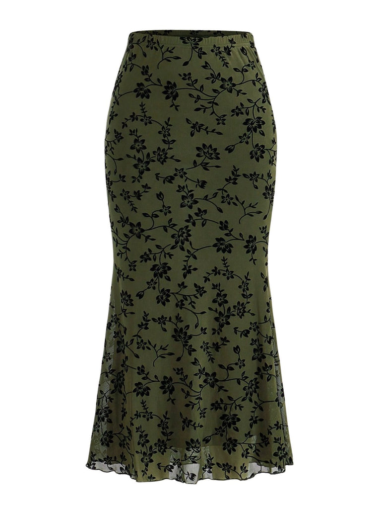 1930s Flocked Floral Maxi Mermaid Skirt - vintage skirt, retro style