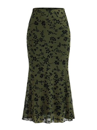 1930s Flocked Floral Maxi Mermaid Skirt - vintage skirt, retro style