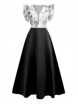 1930s Floral Flounce Sleeve V-Neck Patchwork Dress - vintage dress, retro fashion