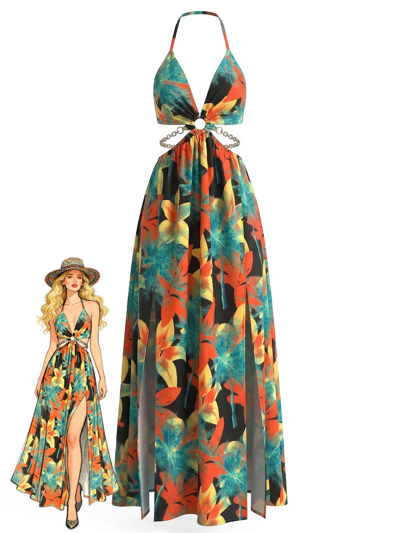 1930s Floral Halter Backless Slit Maxi Dress 1930s Floral Halter Backless Slit Maxi Dress