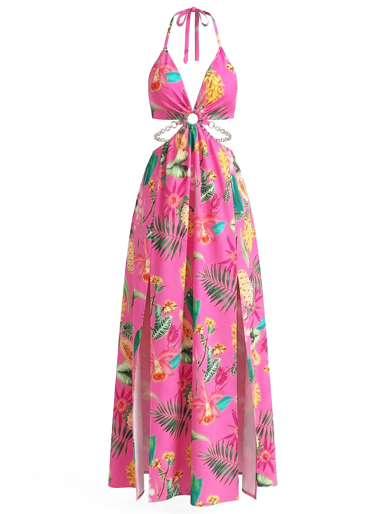 1930s halter dress 1930s Floral Halter Backless Slit Maxi Dress