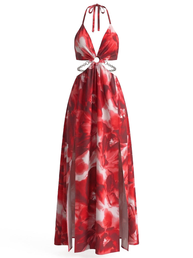 1930s Floral Halter Backless Slit Maxi Dress