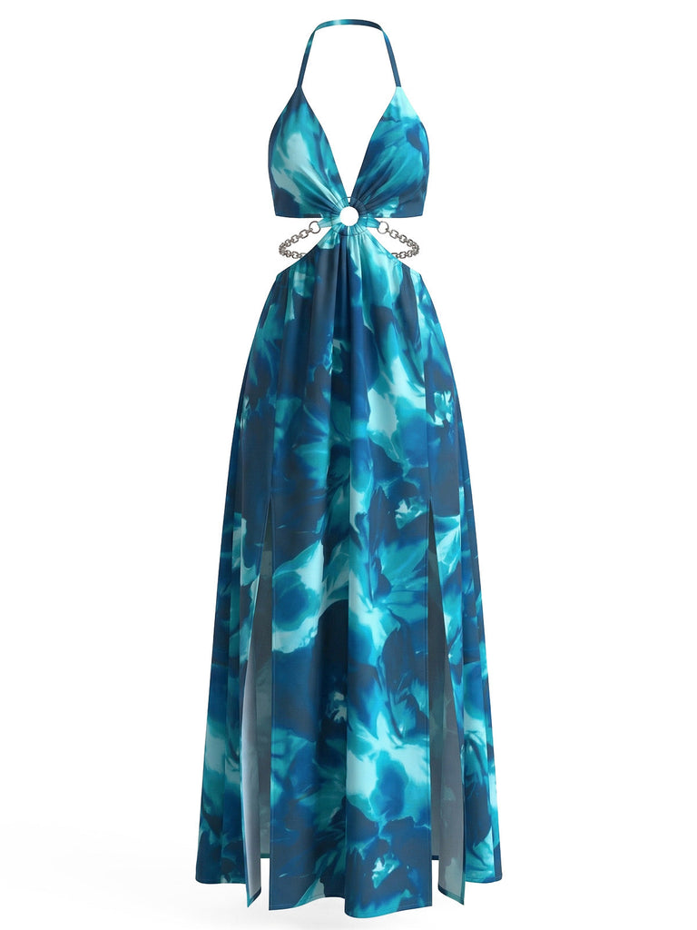 1930s Floral Halter Backless Slit Maxi Dress