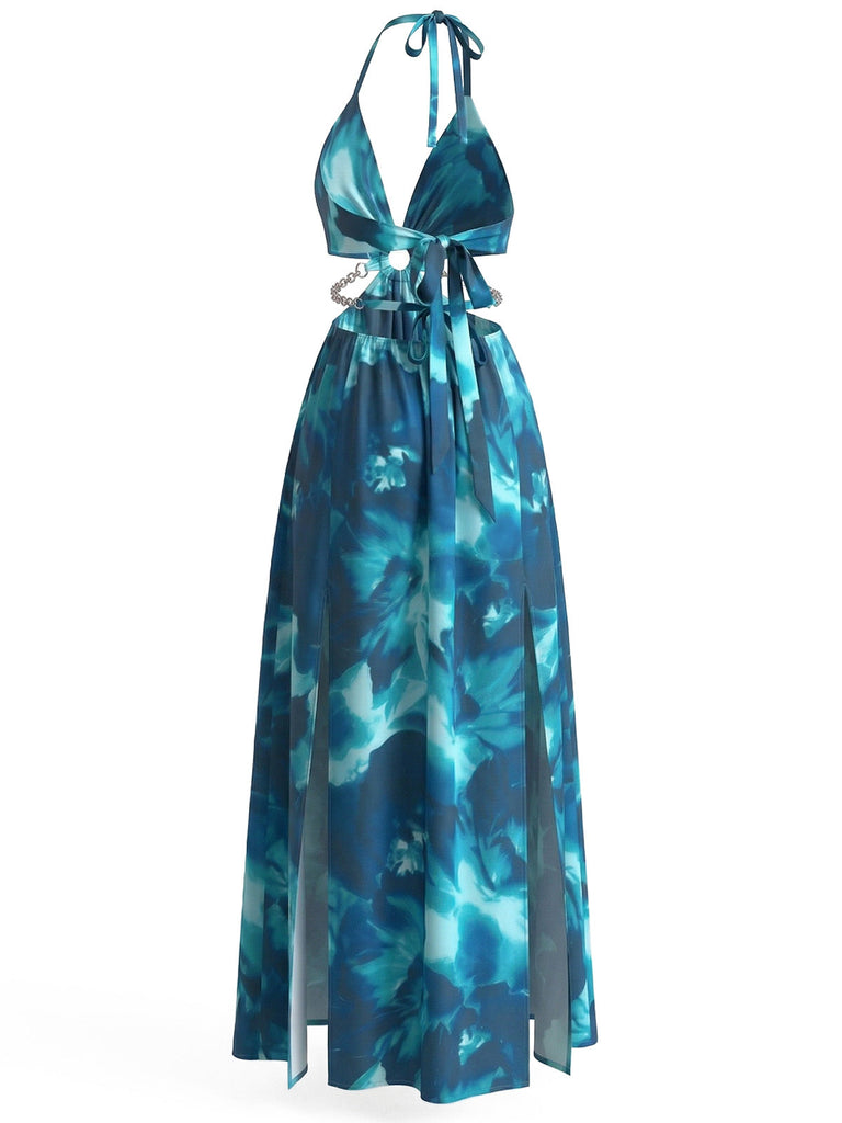 1930s Floral Halter Backless Slit Maxi Dress 1930s Floral Halter Backless Slit Maxi Dress