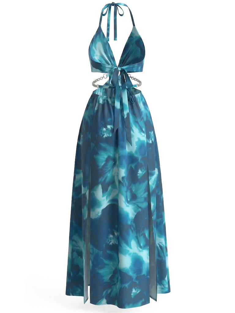 1930s Floral Halter Backless Slit Maxi Dress