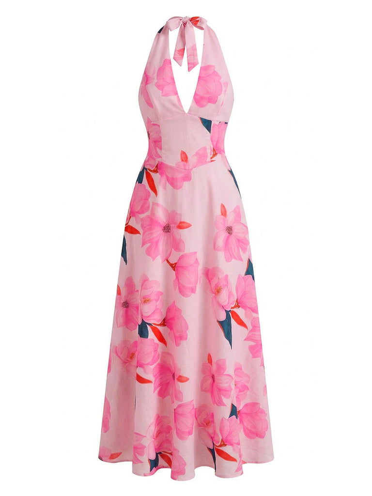 1930s Floral Halter V-Neck Lace-Up Dress - vintage dress, retro fashion, elegant style for vintage lovers