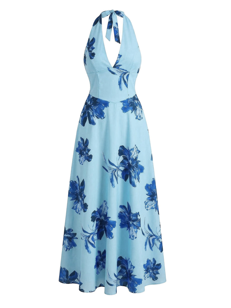 1930s Floral Halter V-Neck Lace-Up Dress | vintage dress, retro fashion, elegant style - perfect for retro fashion enthusiasts