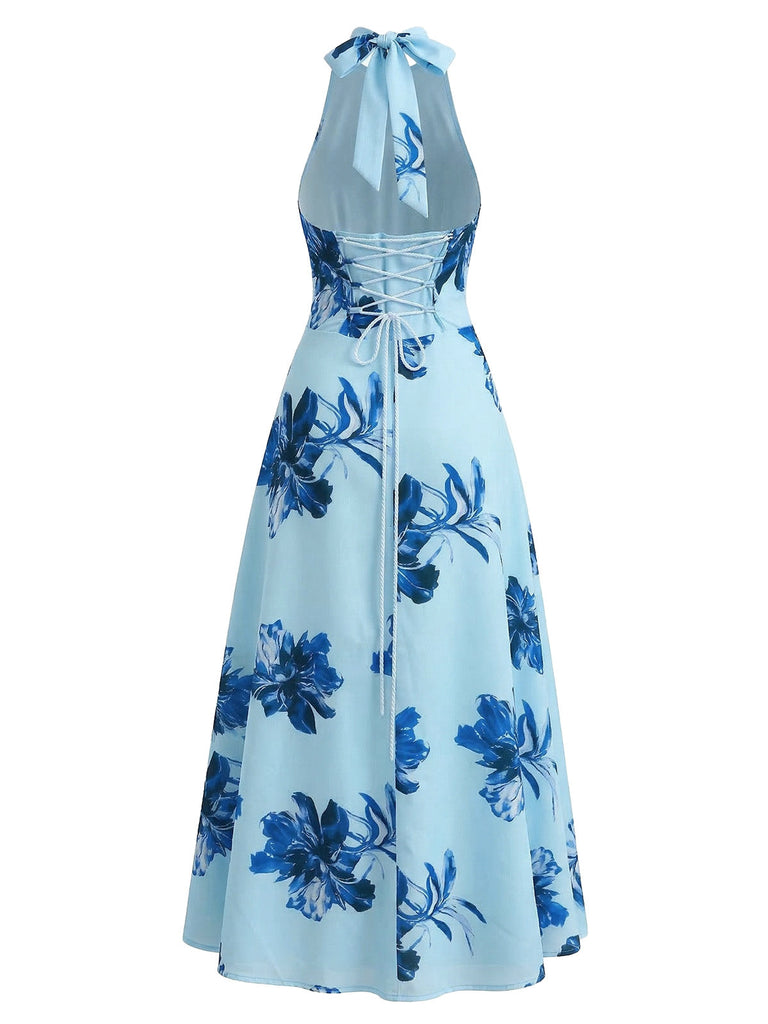 1930s Floral Halter V-Neck Lace-Up Dress - vintage dress, retro fashion, elegant style for vintage lovers