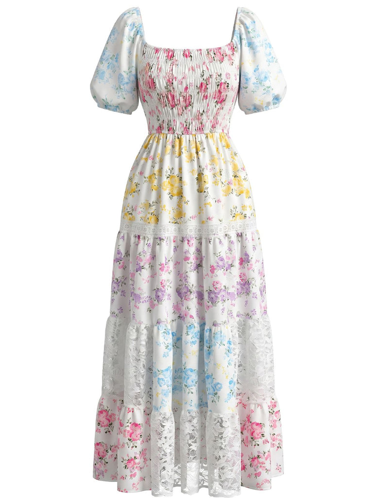 1930s Floral Lace Pleated Patchwork Maxi Dress