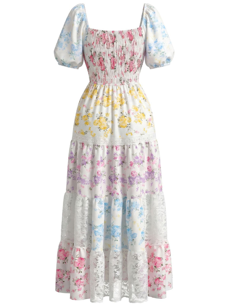floral lace patchwork dress Juliana Lace Patchwork V-neck Floral Suspender Dress-Apricot