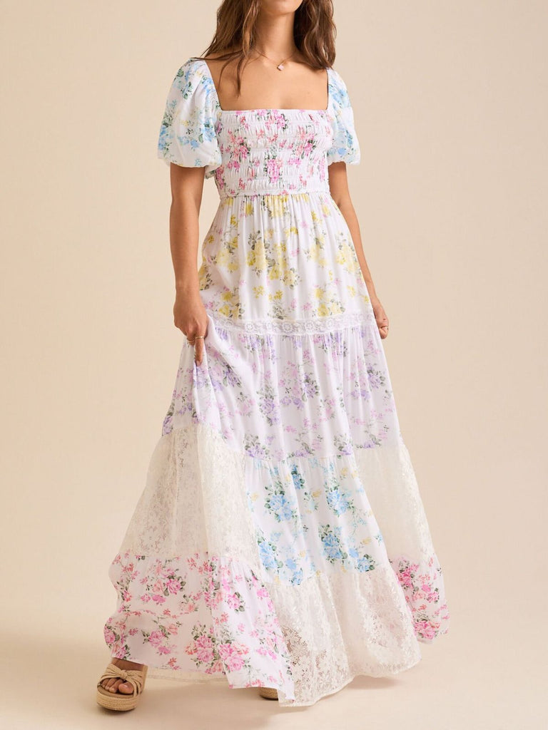 floral lace patchwork dress Women's Flowy Dresses Summer Elegant Print Lace Patchwork Long Dress Halter Backless Sleeveless Dress(Large) White at Amazon Women's Clothing store