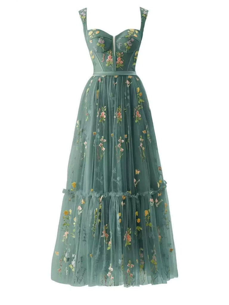 1930s Floral Mesh Boned Lace-Up Dress, classic vintage style elegant retro fashion - Image 1